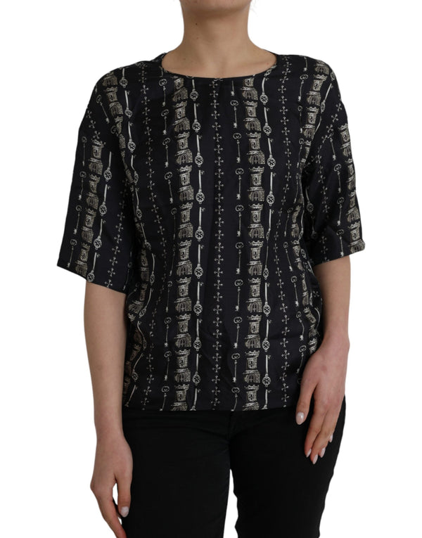 Dolce & Gabbana - Black Key Castle Print Silk Blouse T-shirt
