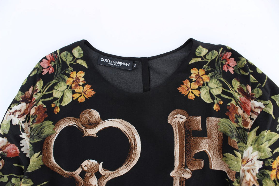 Dolce &amp; Gabbana - Black Key Floral Print Silk Blouse Top