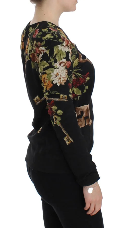 Dolce &amp; Gabbana Black Key Floral Print Silk Blouse Top