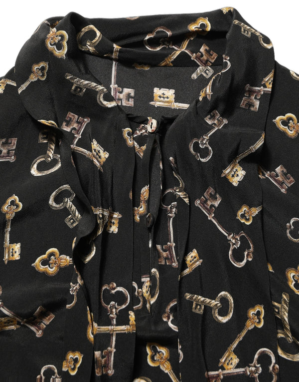 Dolce & Gabbana Blouses - Black Keys Print Silk Tie Neck Blouse Top