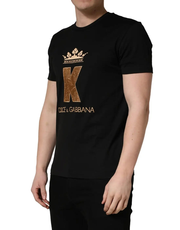 Dolce &amp; Gabbana Black King Patch Cotton Men CrewNeck T-shirt