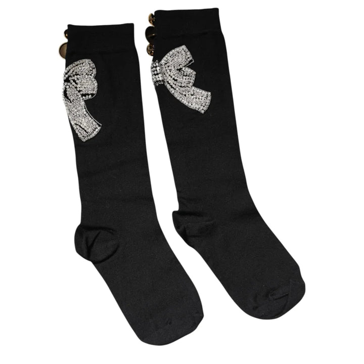 Dolce &amp; Gabbana Black Knit Floral Crystal Embellishment Socks