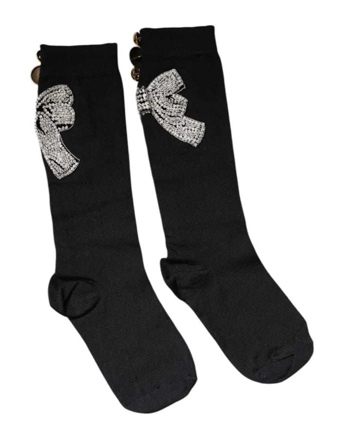 Dolce &amp; Gabbana Black Knit Floral Crystal Embellishment Socks