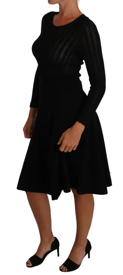 Dolce &amp; Gabbana Black Knitted Wool Sheath Long Sleeves Dress