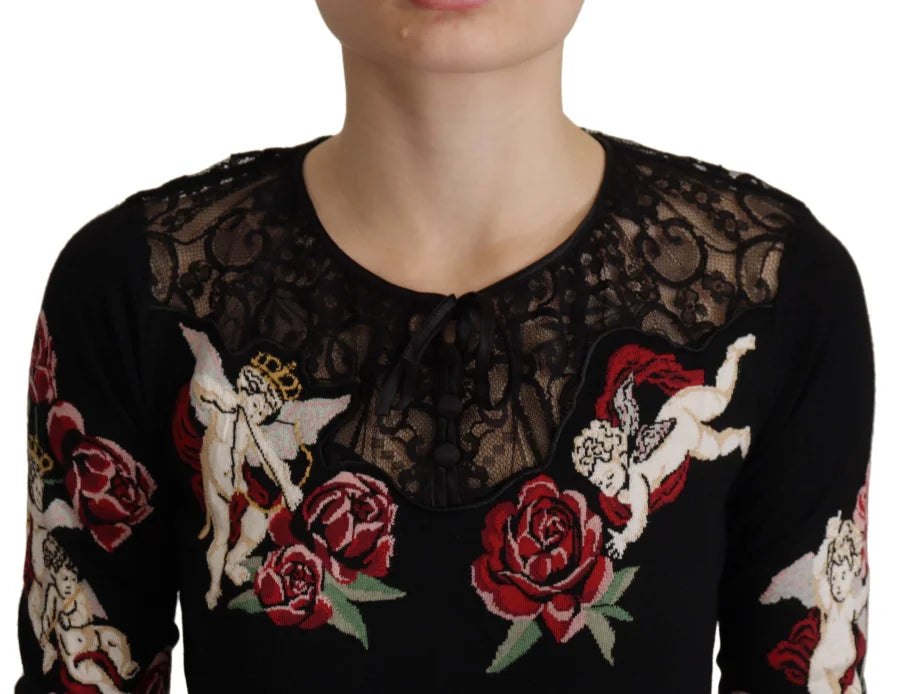 Dolce &amp; Gabbana Black Lace Angel Roses Cardigan Sweater