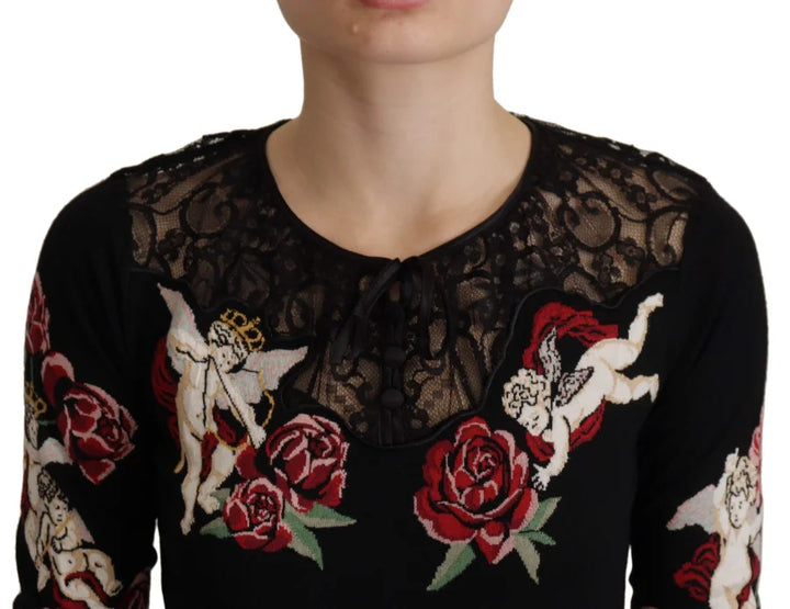 Dolce &amp; Gabbana Black Lace Angel Roses Cardigan Sweater