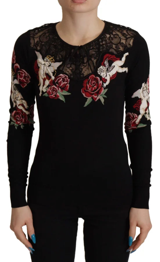 Dolce &amp; Gabbana Black Lace Angel Roses Cardigan Sweater