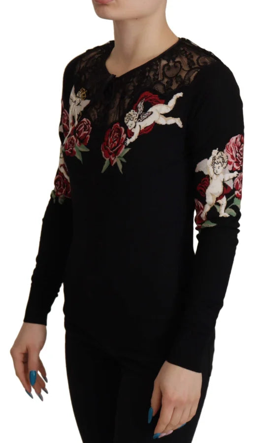 Dolce &amp; Gabbana Black Lace Angel Roses Cardigan Sweater