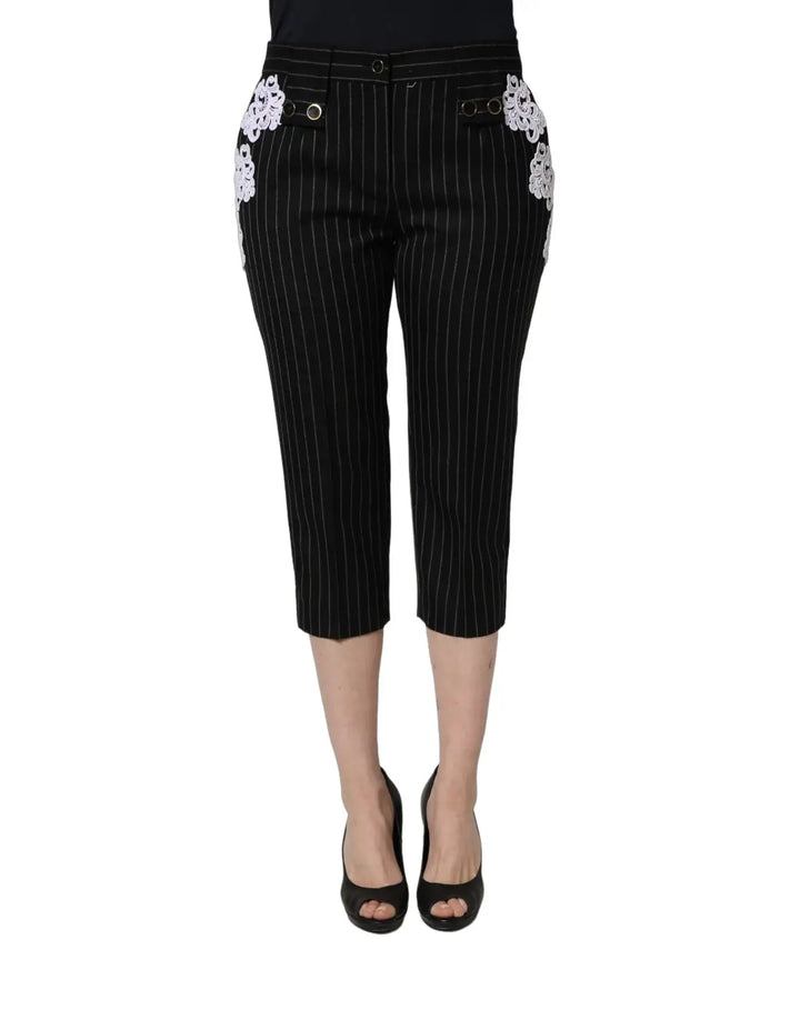 Dolce &amp; Gabbana Black Lace Applique Pinstripe Cropped Pants