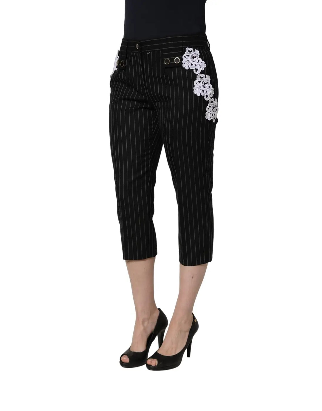 Dolce &amp; Gabbana Black Lace Applique Pinstripe Cropped Pants