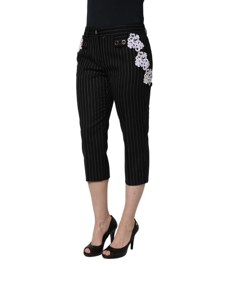 Dolce &amp; Gabbana Black Lace Applique Pinstripe Cropped Pants