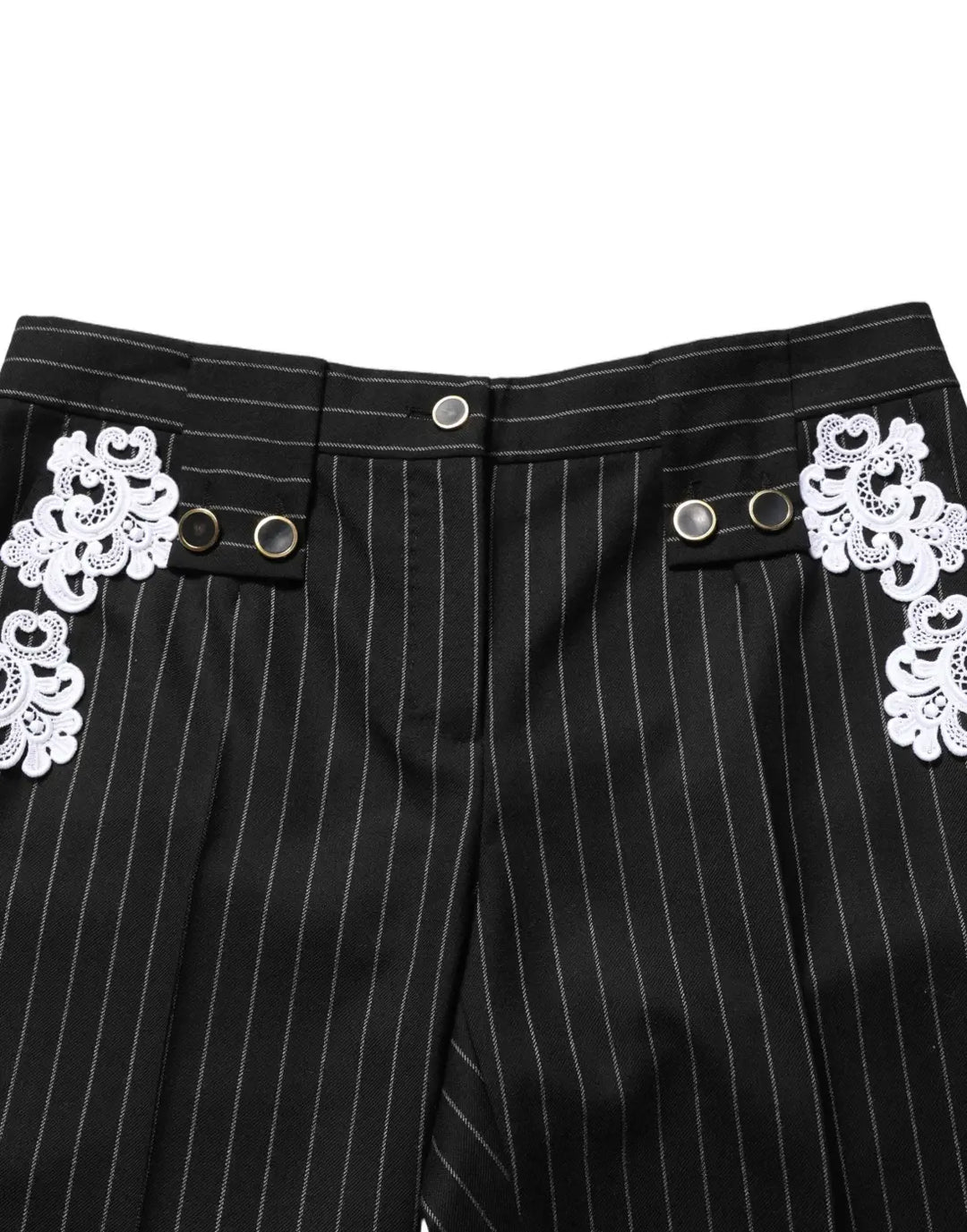 Dolce &amp; Gabbana Black Lace Applique Pinstripe Cropped Pants