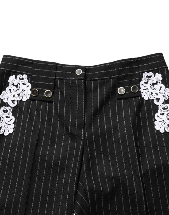 Dolce &amp; Gabbana Black Lace Applique Pinstripe Cropped Pants
