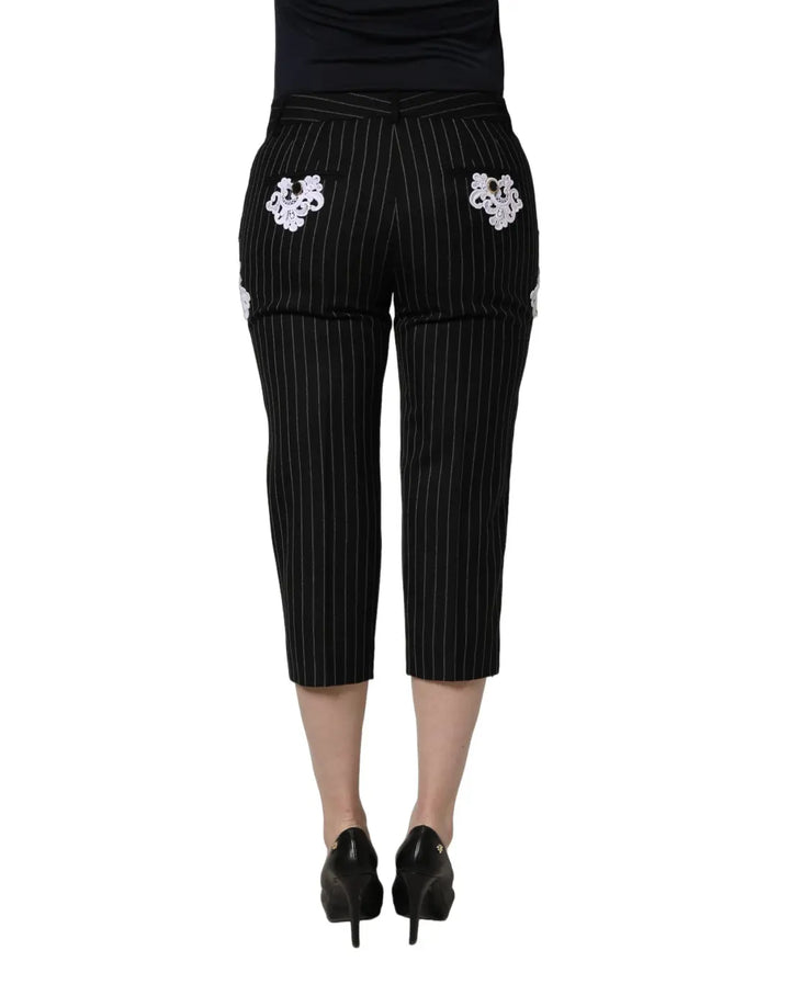 Dolce &amp; Gabbana Black Lace Applique Pinstripe Cropped Pants
