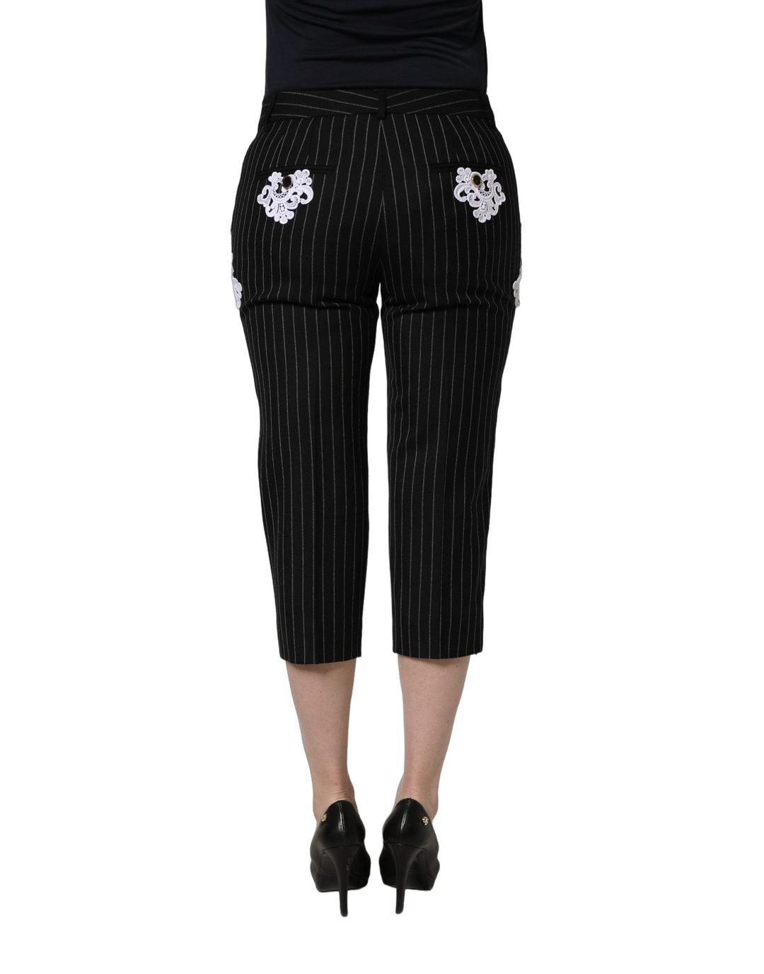 Dolce &amp; Gabbana Black Lace Applique Pinstripe Cropped Pants