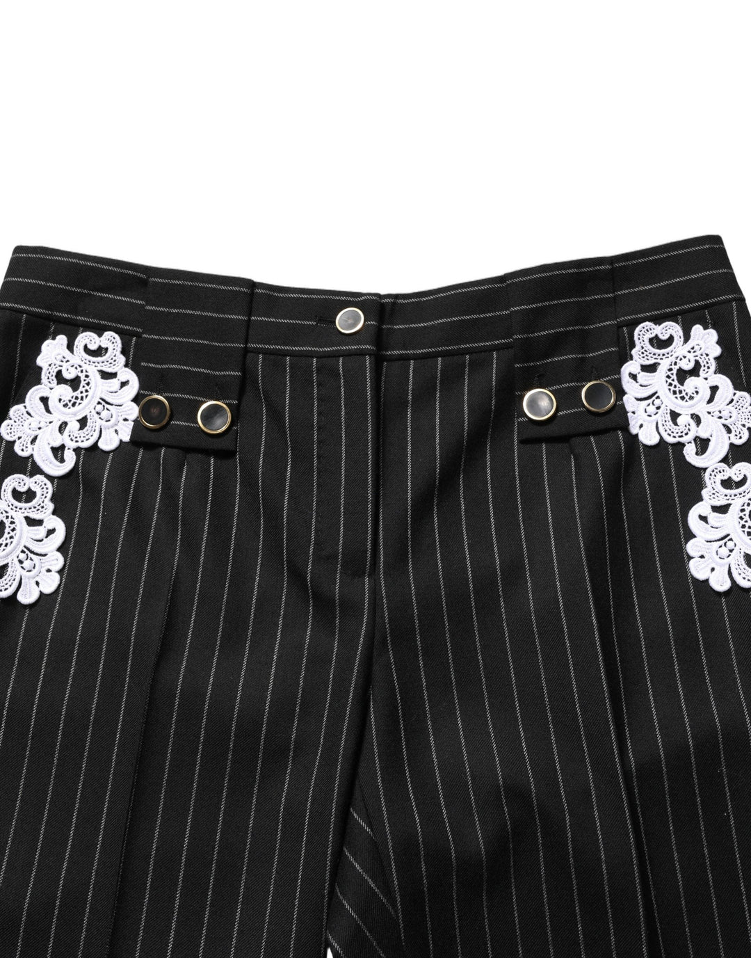 Dolce &amp; Gabbana Black Lace Applique Pinstripe Cropped Pants