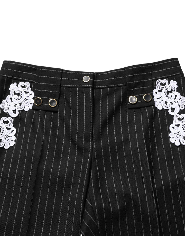 Dolce &amp; Gabbana Black Lace Applique Pinstripe Cropped Pants