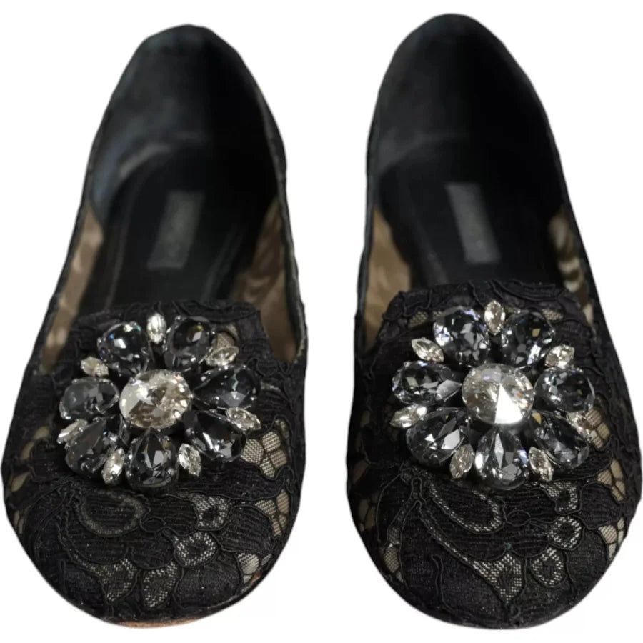 Dolce &amp; Gabbana Black Lace Crystal Ballet Flats Loafer Shoes
