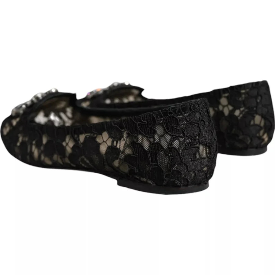Dolce &amp; Gabbana Black Lace Crystal Ballet Flats Loafer Shoes