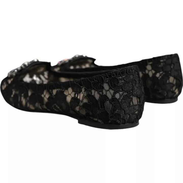 Dolce &amp; Gabbana Black Lace Crystal Ballet Flats Loafer Shoes