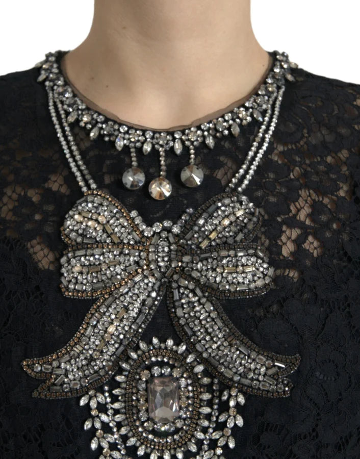 Dolce &amp; Gabbana Black Lace Crystal Embellished Sheath Dress