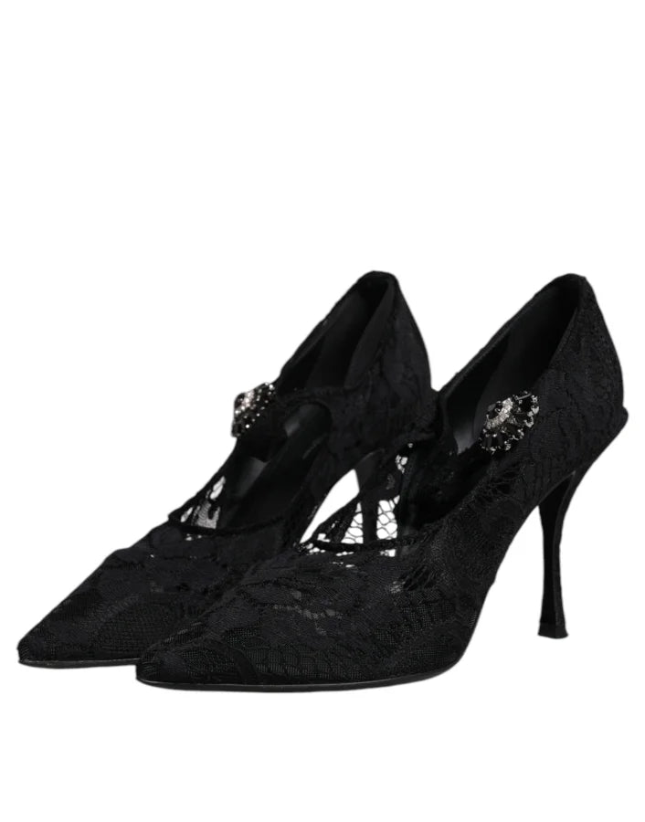Dolce &amp; Gabbana Black Lace Crystals Mary Jane Pumps Shoes