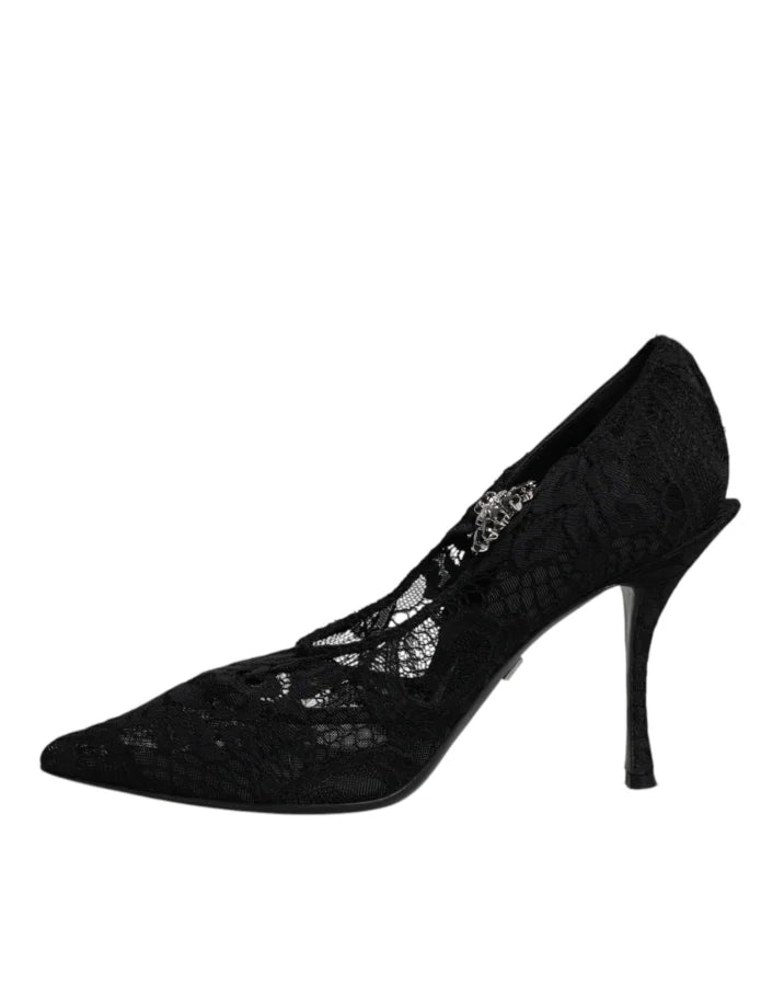 Dolce &amp; Gabbana Black Lace Crystals Mary Jane Pumps Shoes