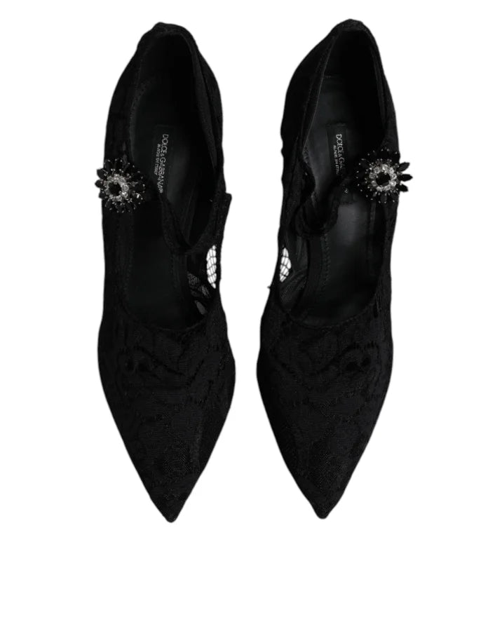 Dolce &amp; Gabbana Black Lace Crystals Mary Jane Pumps Shoes