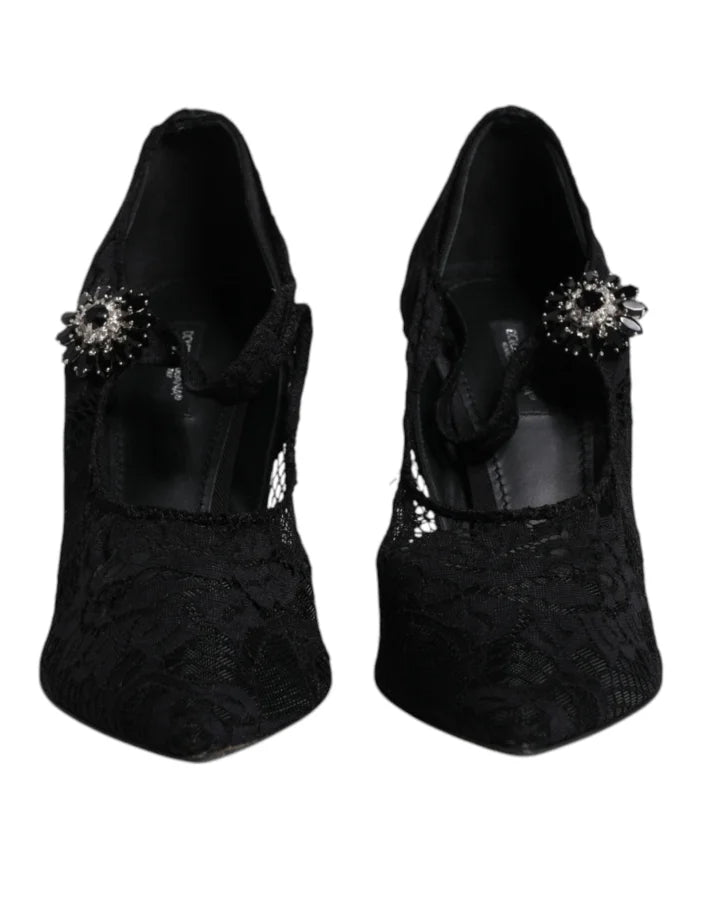 Dolce &amp; Gabbana Black Lace Crystals Mary Jane Pumps Shoes