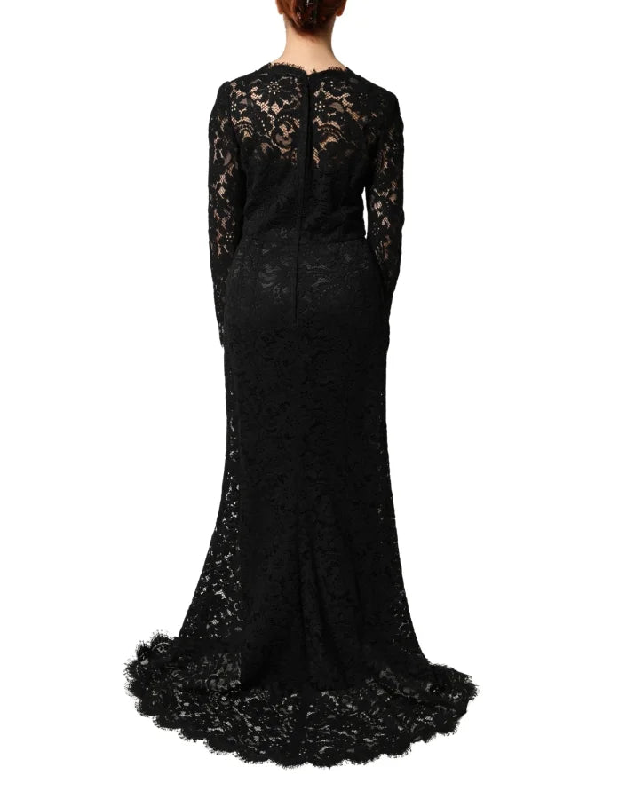 Dolce &amp; Gabbana Black Lace Long Sleeves Cotton Maxi Dress