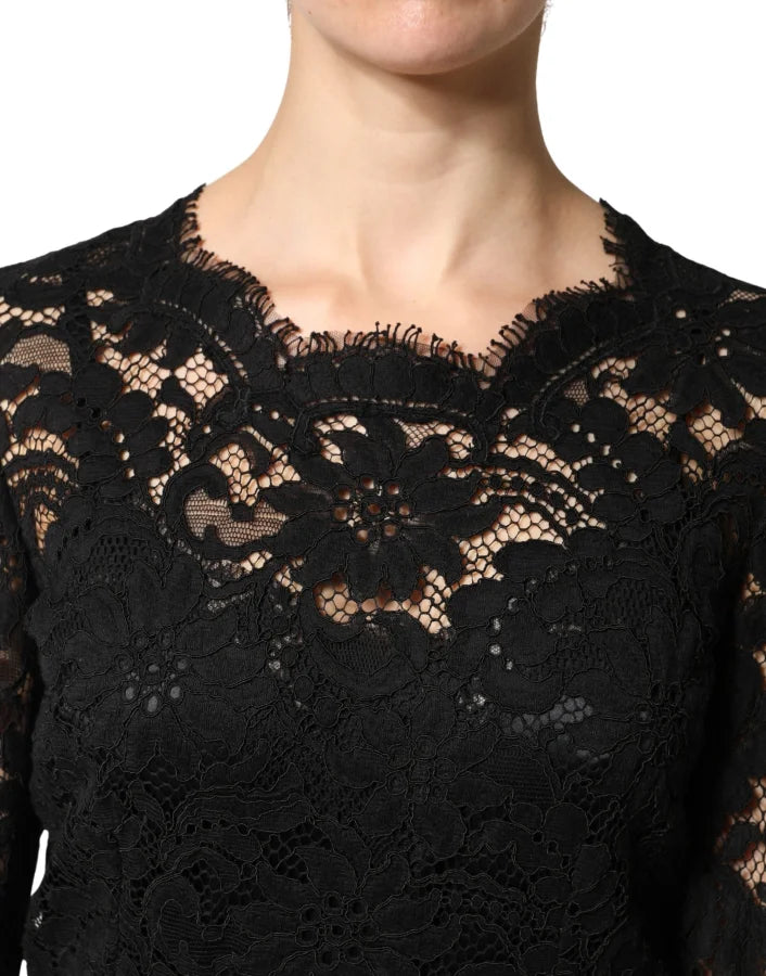 Dolce &amp; Gabbana Black Lace Long Sleeves Cotton Maxi Dress