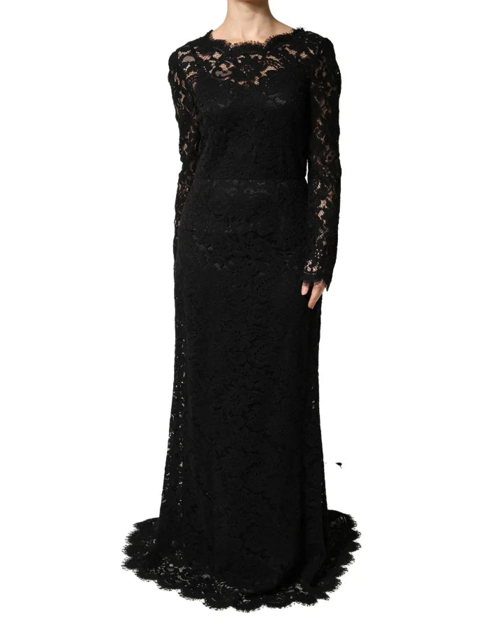 Dolce &amp; Gabbana Black Lace Long Sleeves Cotton Maxi Dress