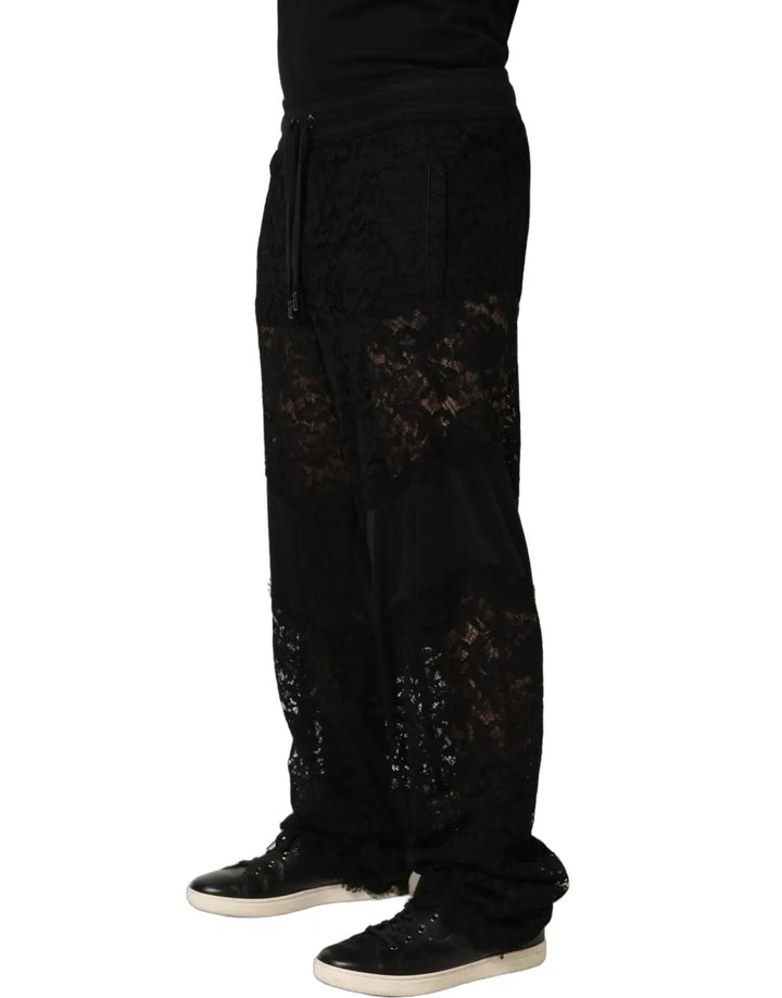 Dolce &amp; Gabbana Black Lace Mid Waist Jogger Men Trouser Pants