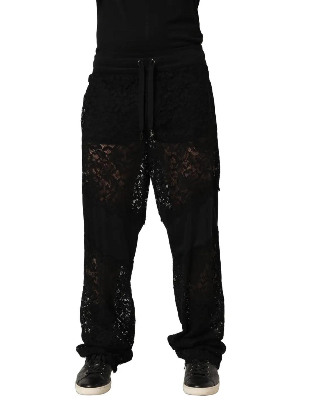 Dolce &amp; Gabbana Black Lace Mid Waist Jogger Men Trouser Pants