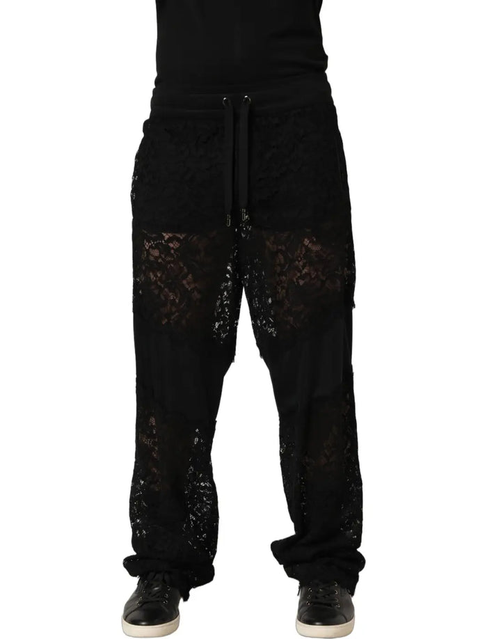 Dolce &amp; Gabbana Black Lace Mid Waist Jogger Men Trouser Pants