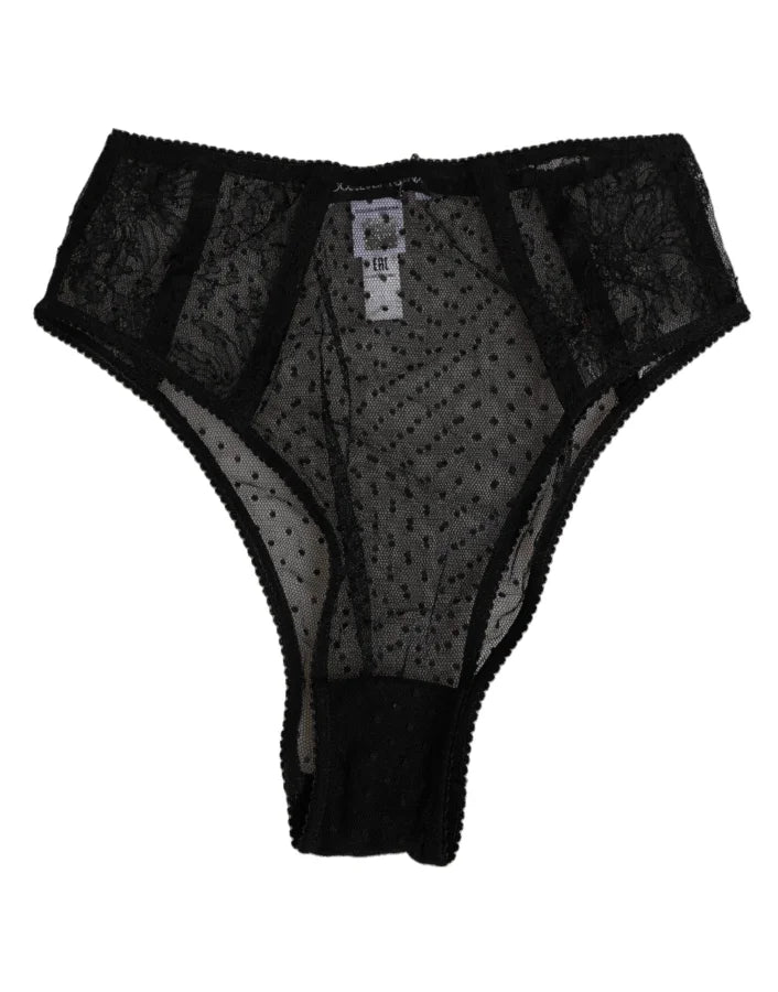 Dolce &amp; Gabbana Black Lace Polka Dot Mesh High Waist Underwear
