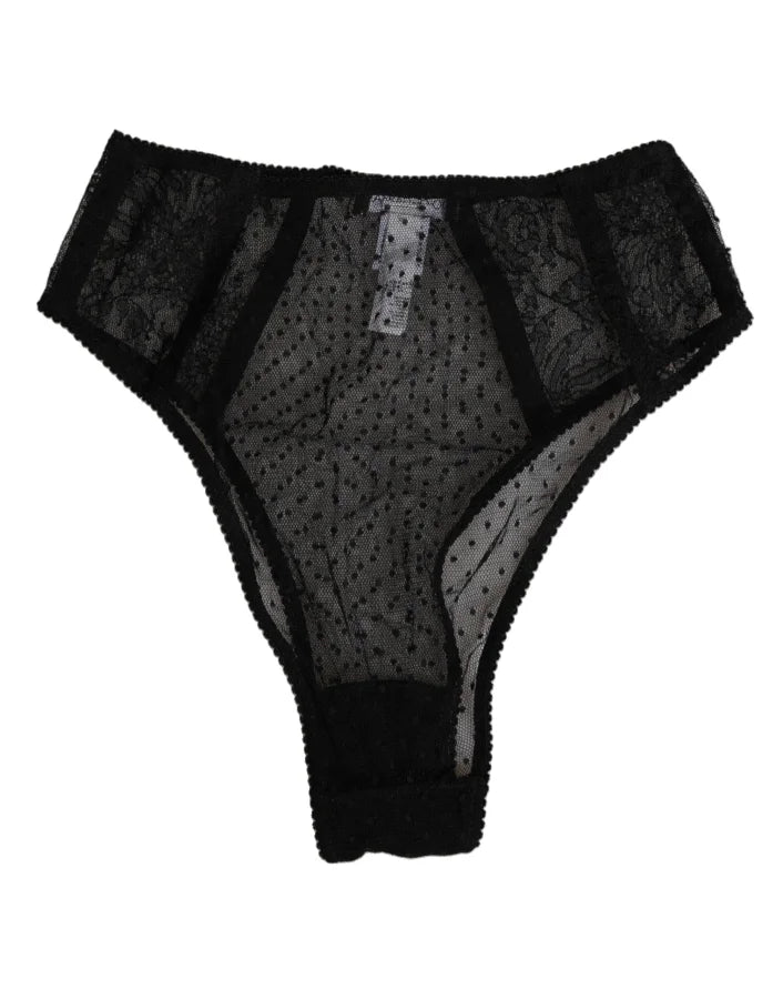 Dolce &amp; Gabbana Black Lace Polka Dot Mesh High Waist Underwear