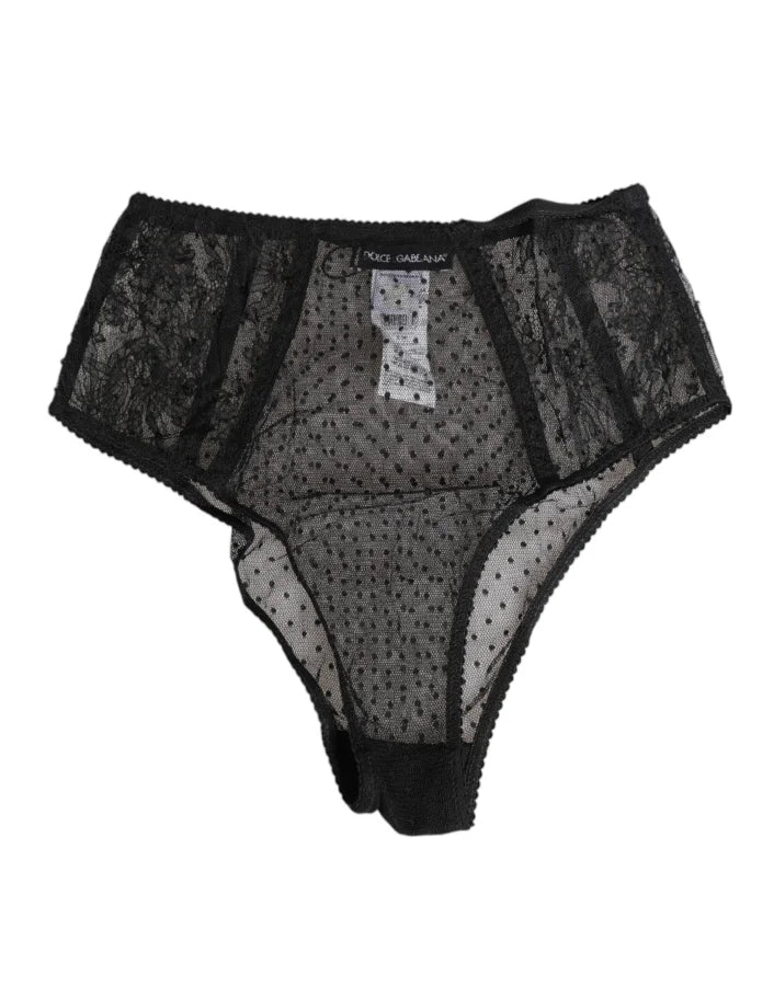 Dolce &amp; Gabbana Black Lace Polka Dot Mesh High Waist Underwear