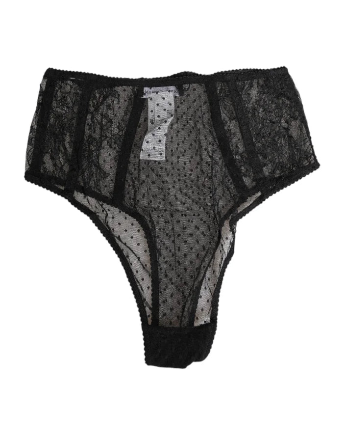 Dolce &amp; Gabbana Black Lace Polka Dot Mesh High Waist Underwear