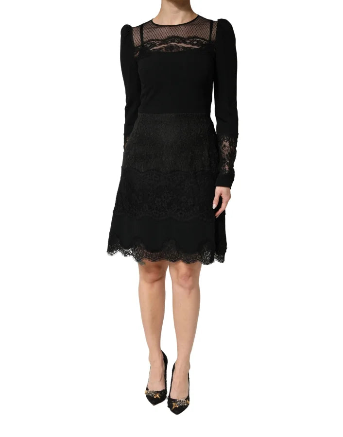 Dolce &amp; Gabbana Black Lace Sheer Panel Midi Long Sleeve Dress
