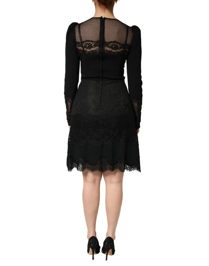 Dolce &amp; Gabbana Black Lace Sheer Panel Midi Long Sleeve Dress