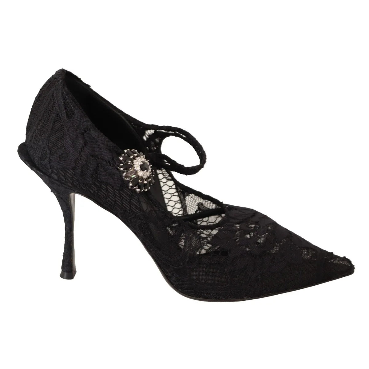 Dolce Gabbana Black Lace Stiletto Mary Jane Pumps with Crystal Strap &