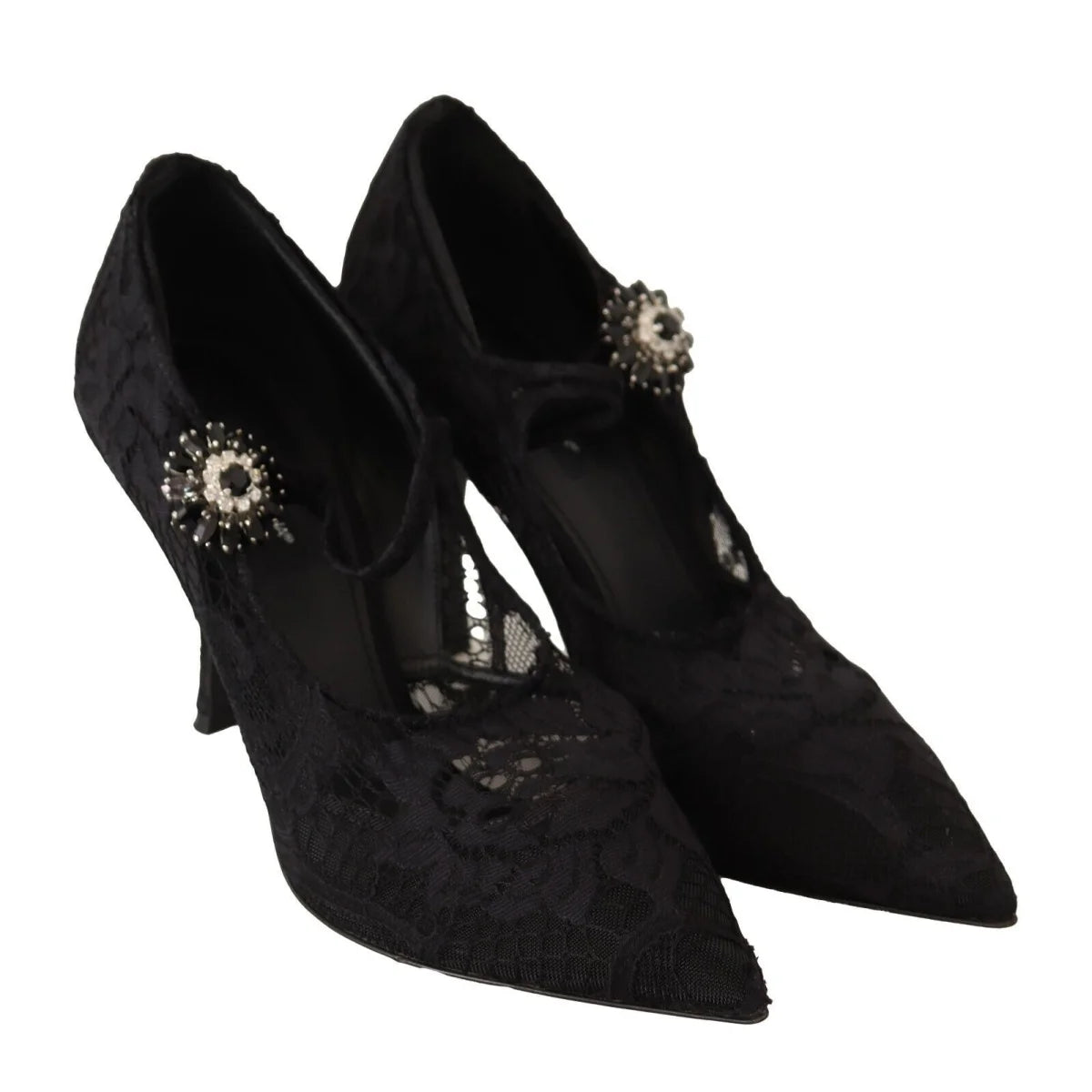 Dolce Gabbana Black Lace Stiletto Mary Jane Pumps with Crystal Strap &
