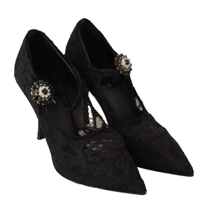 Dolce Gabbana Black Lace Stiletto Mary Jane Pumps with Crystal Strap &