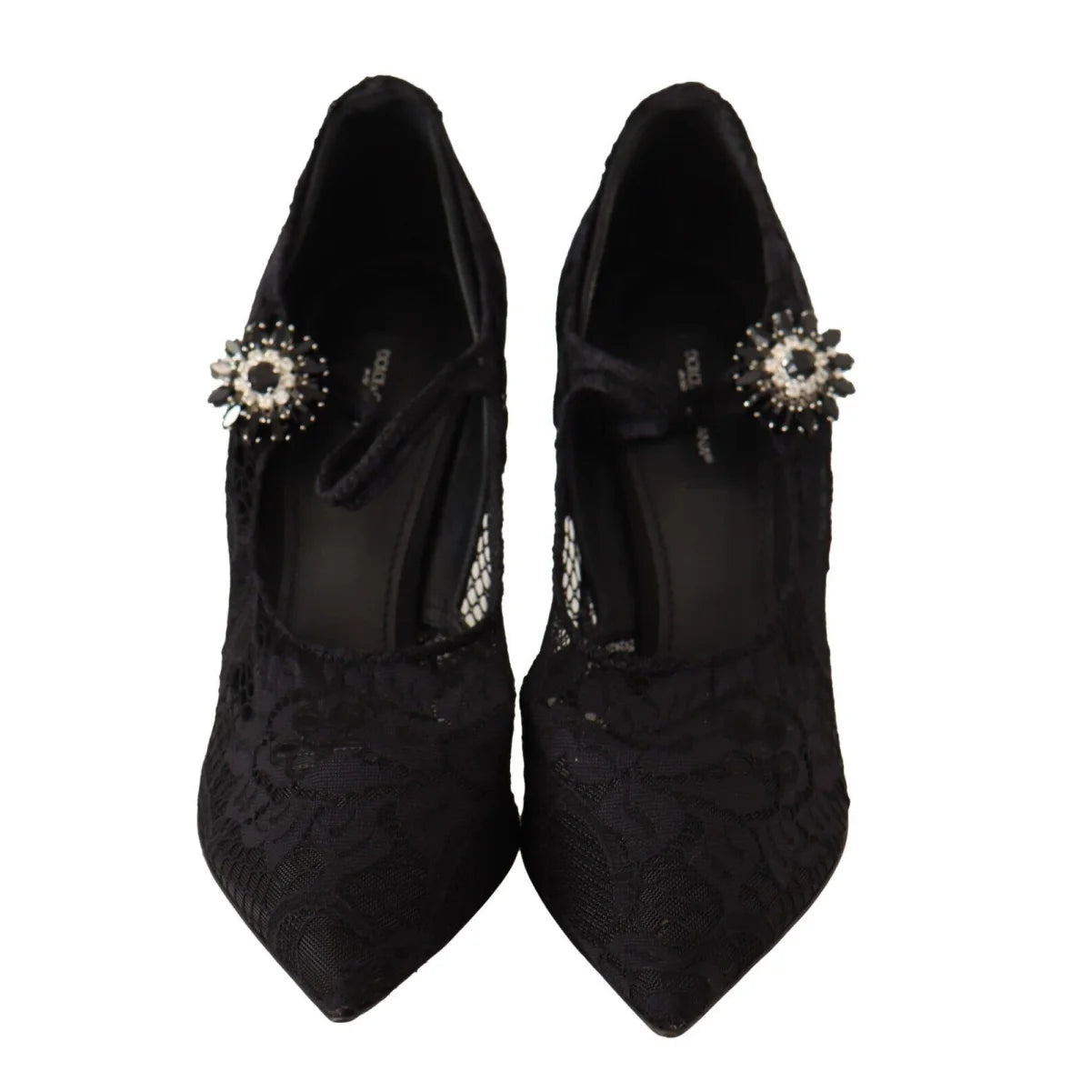 Dolce Gabbana Black Lace Stiletto Mary Jane Pumps with Crystal Strap &