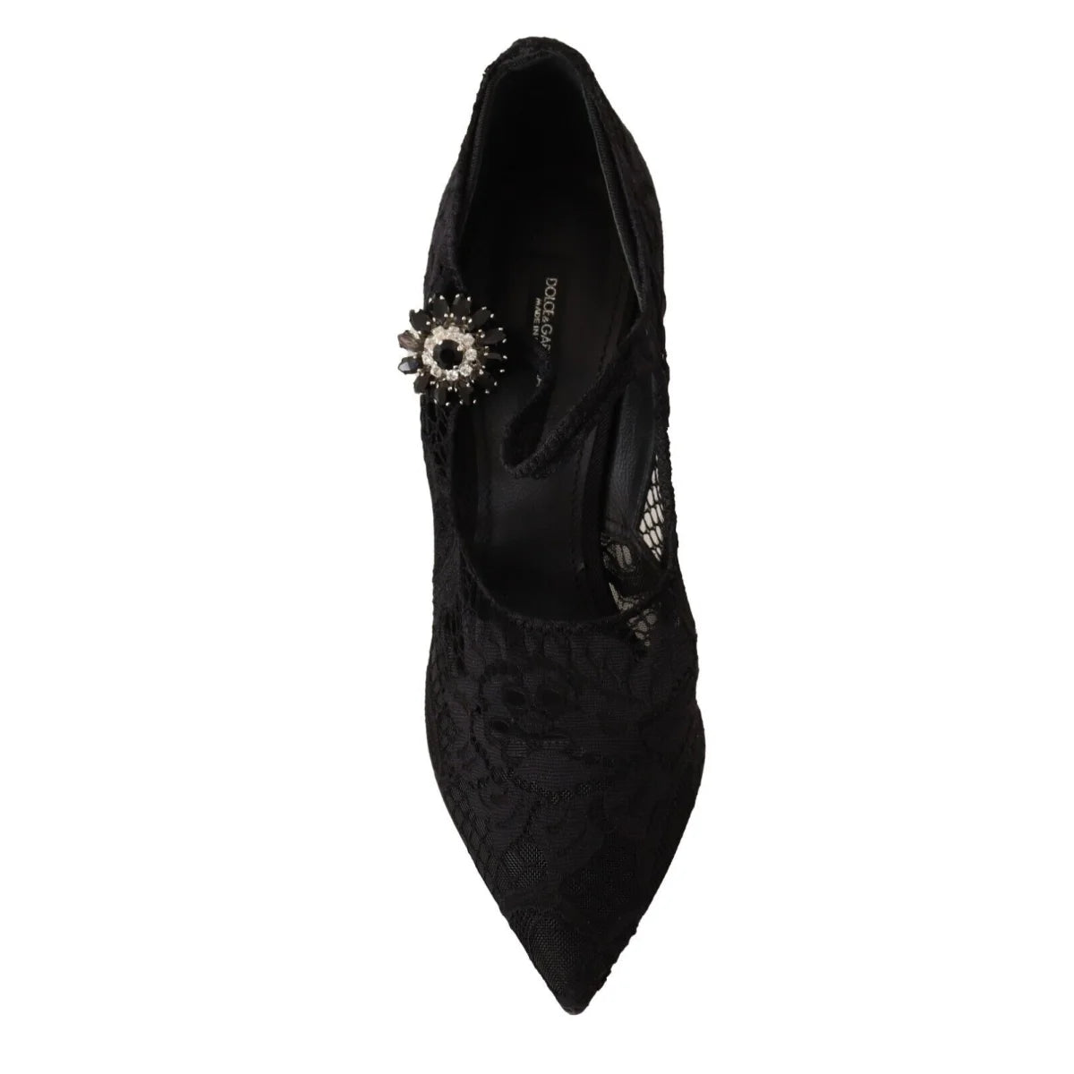 Dolce Gabbana Black Lace Stiletto Mary Jane Pumps with Crystal Strap &