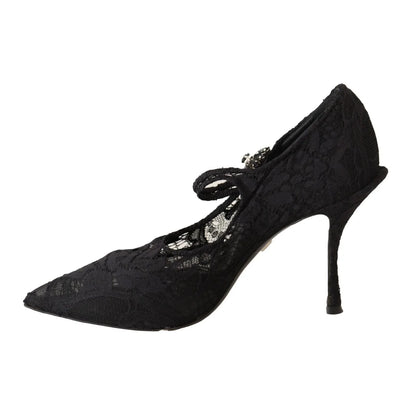 Dolce Gabbana Black Lace Stiletto Mary Jane Pumps with Crystal Strap &