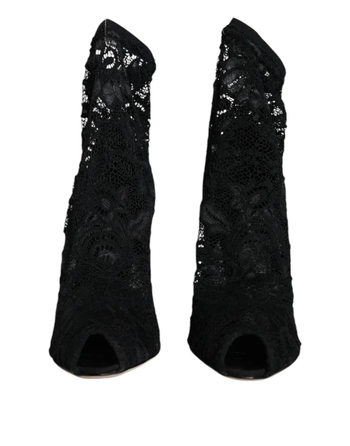 Dolce &amp; Gabbana Black Lace Stretch Heels Mid Calf Boot Shoes