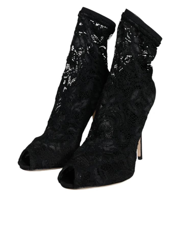 Dolce &amp; Gabbana Black Lace Stretch Heels Mid Calf Boot Shoes