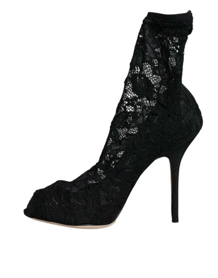 Dolce &amp; Gabbana Black Lace Stretch Heels Mid Calf Boot Shoes